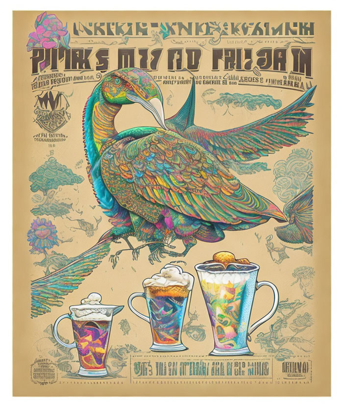 Colorful Vintage-Style Peacock Poster with Beer Glasses