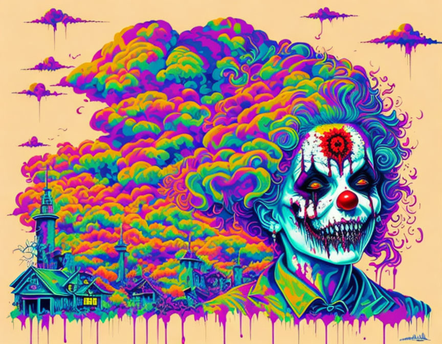 Colorful Clown in Psychedelic Landscape with Floating Islands