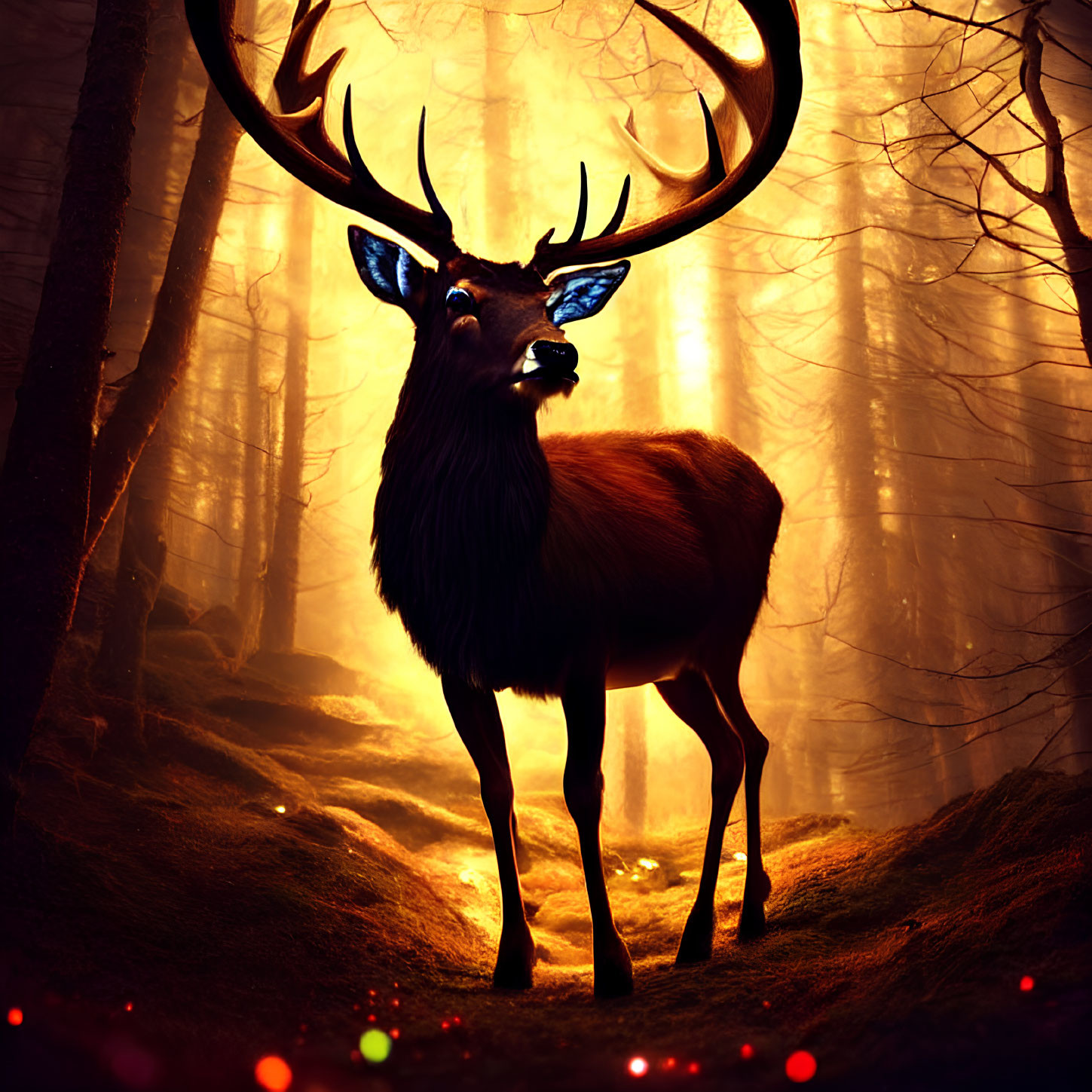 Majestic stag with large antlers in mystical forest with golden light