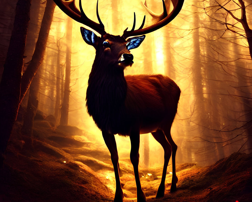 Majestic stag with large antlers in mystical forest with golden light