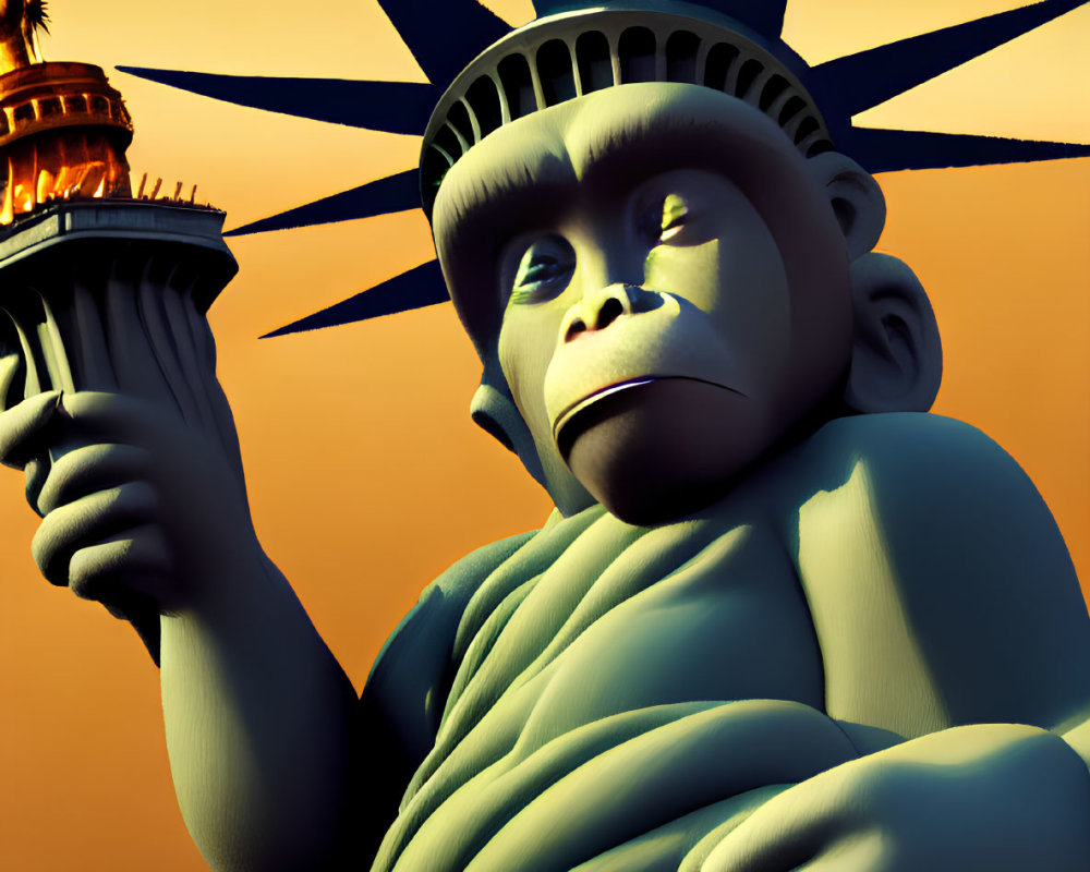 3D illustration of monkey as Statue of Liberty with crown and torch