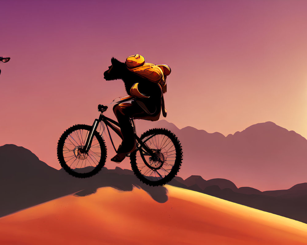 Cyclists performing jumps on desert dune at dramatic sunset.