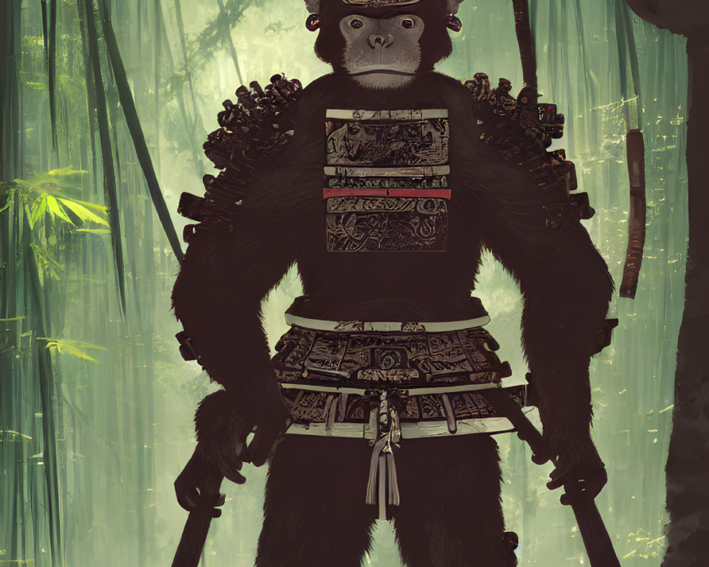 Gorilla in Samurai Armor with Katana in Bamboo Forest