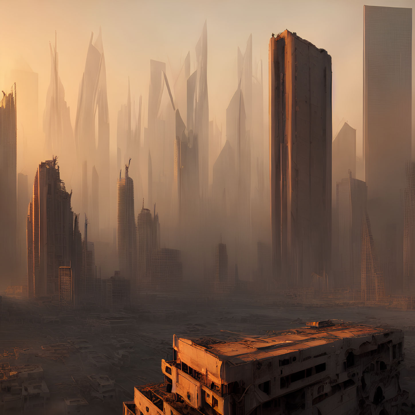 Dystopian cityscape at sunset with misty skyscrapers & dilapidated buildings