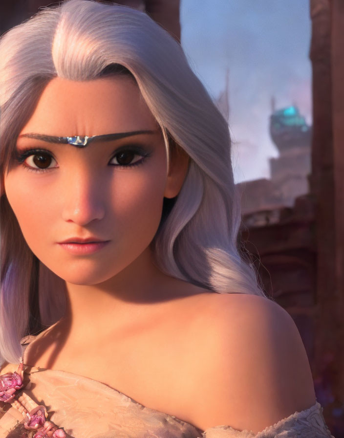 3D-animated female character with white hair and jeweled headpiece in contemplation