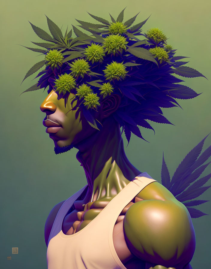 Person with Cannabis Leaves as Hair and Blooming Flowers, Green and Purple Illustration