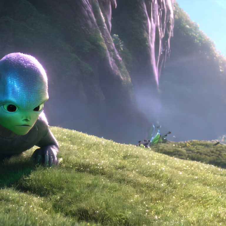 Green-skinned alien crawling in grass with waterfall and another alien.