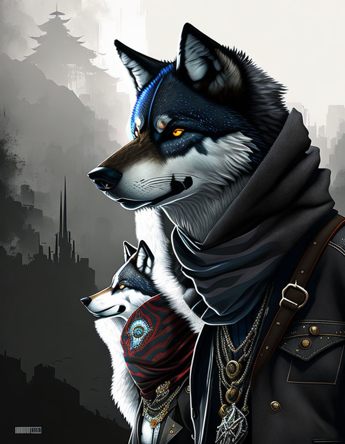 Illustration of two wolves in human attire against futuristic cityscape