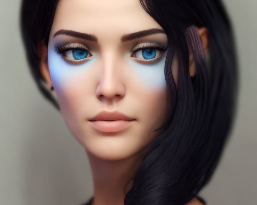 Portrait of a woman with blue eyes and black hair on neutral background