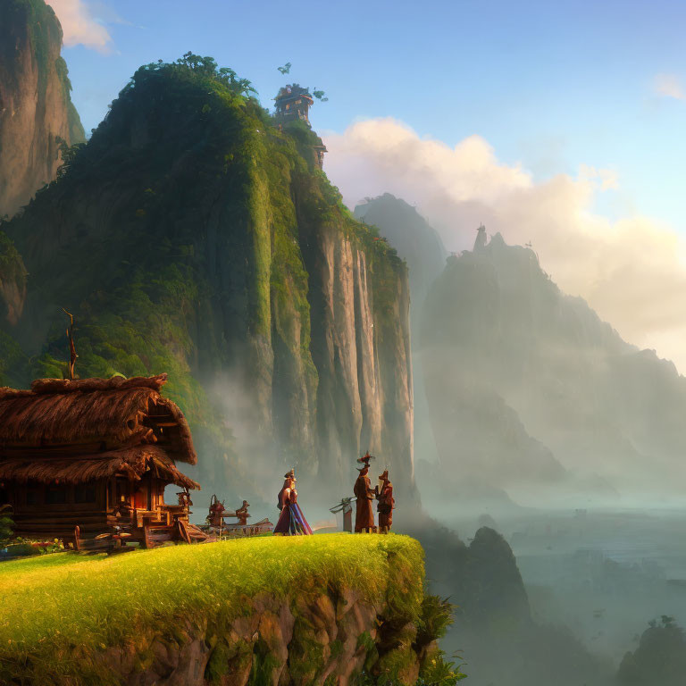 Traditional Attire People on Cliff Overlooking Valley with Waterfalls