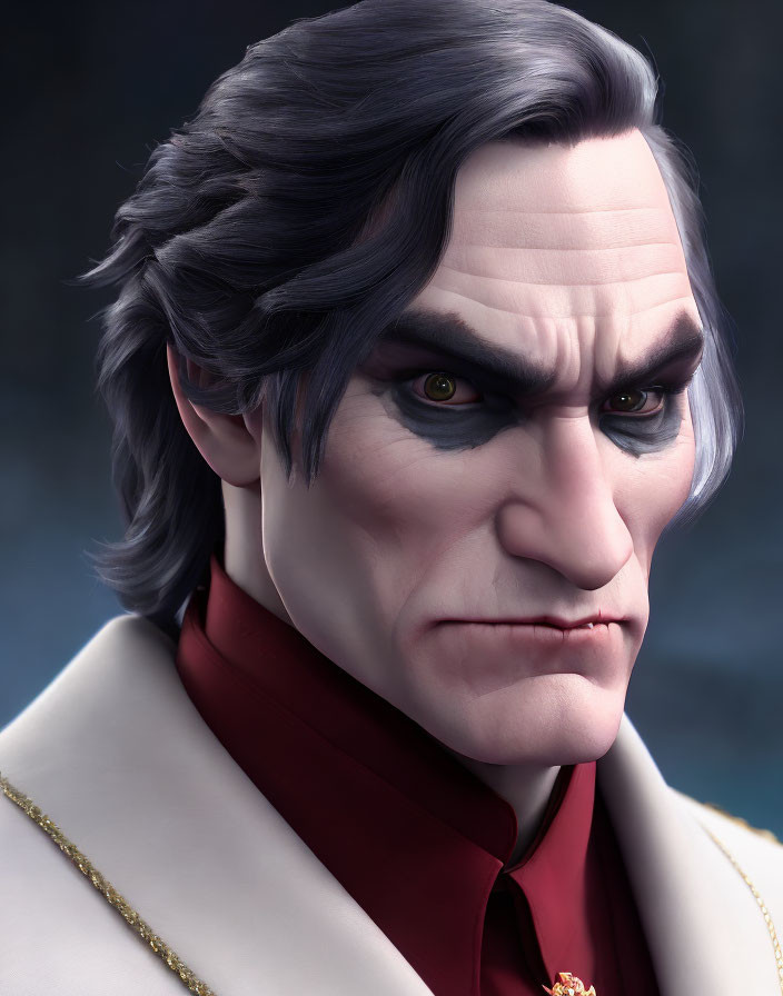 Gray-Haired Animated Character with Intense Gaze and Red Cape