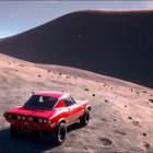 Vintage Orange Car in Desert with Sand Dunes and Hazy Sky