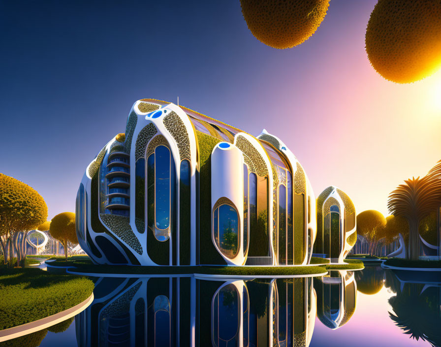 Modern building with organic shapes, glowing windows, water surroundings, sunset sky, and spherical trees landscape.