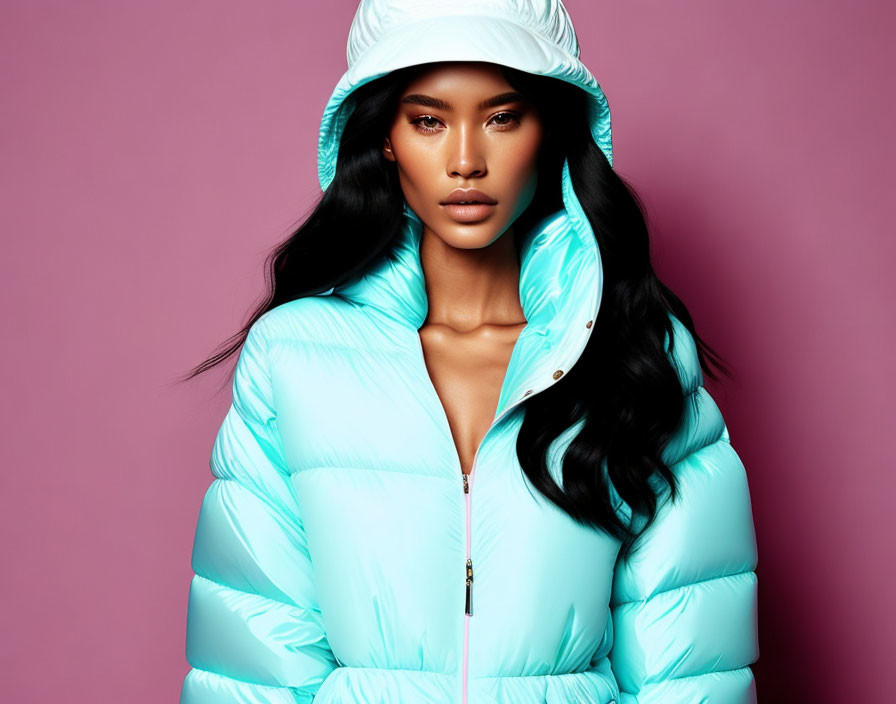 Woman with Striking Makeup in Light Blue Puffer Jacket and Bucket Hat on Pink Background