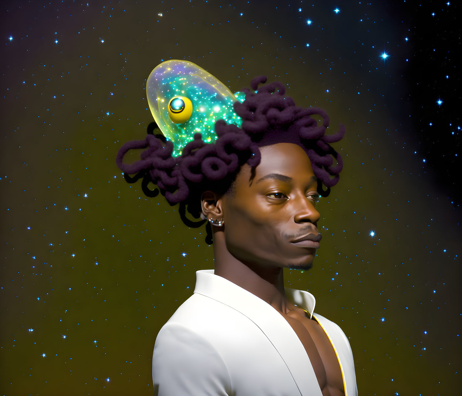 Person with Afro Hair Featuring Cosmic Scene on Starry Background