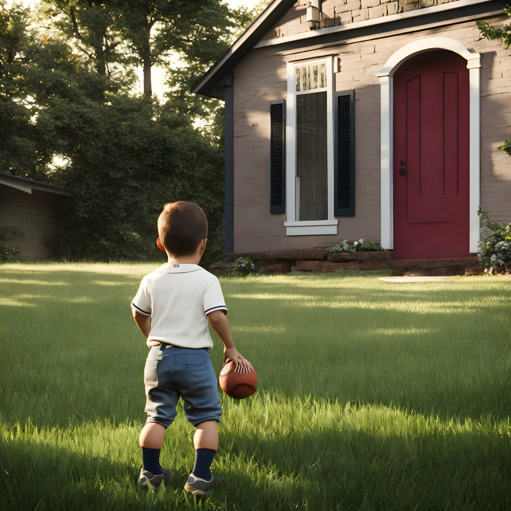 Child with football in sunny yard near house with red door