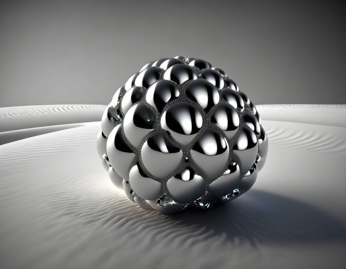 Shiny Sphere with Circular Cutouts on Rippled Surface in Gray Setting