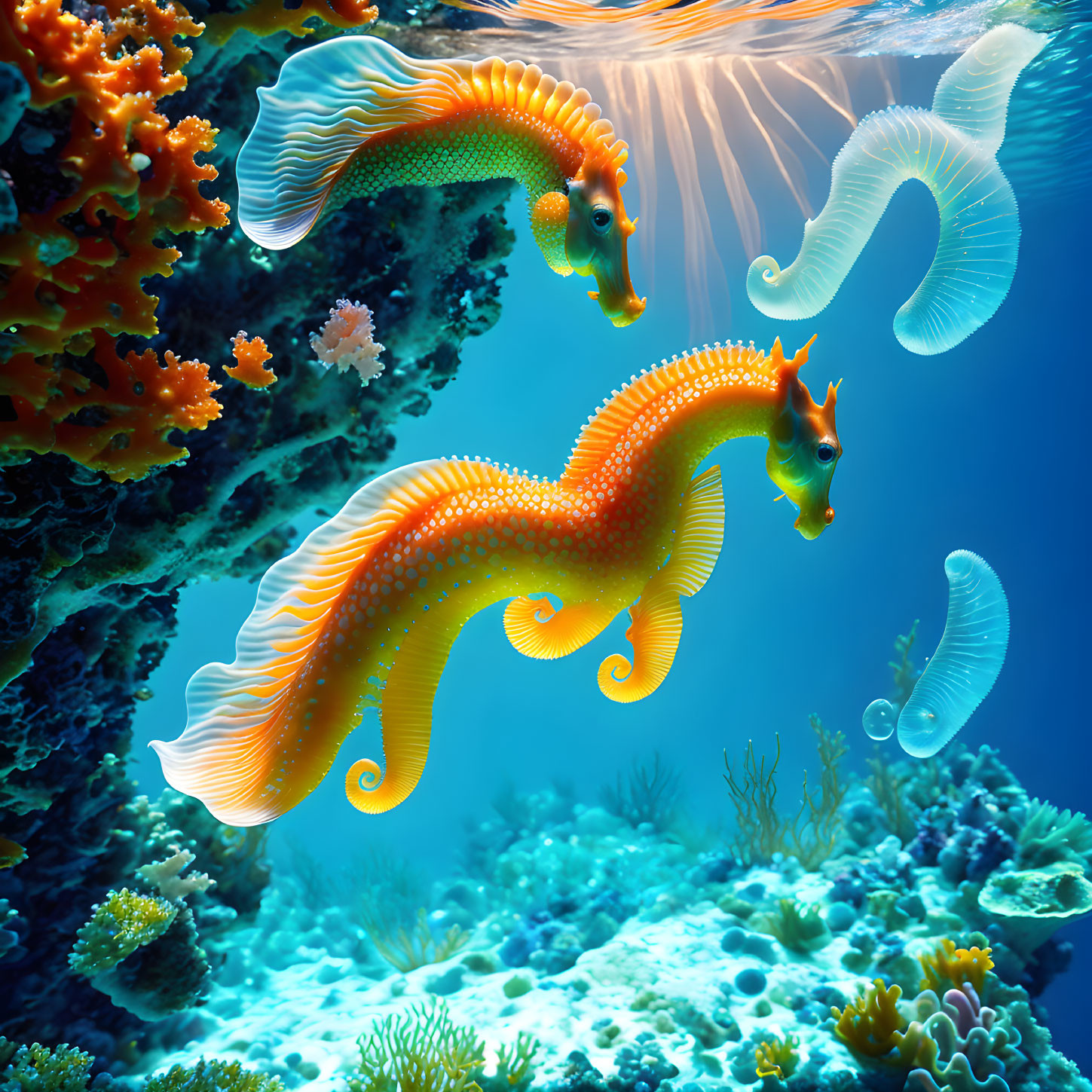 Colorful Coral and Vibrant Seahorses in Clear Ocean Water