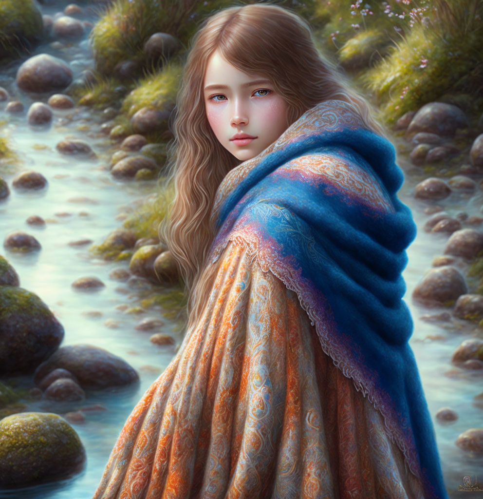 Long-haired girl in blue shawl by stream in lush greenery
