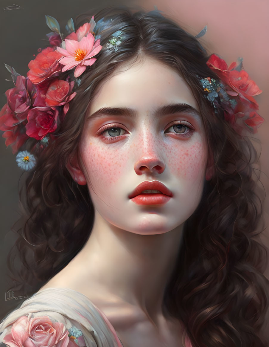 Portrait of young woman with freckles, rosy cheeks, red lips, and floral wreath