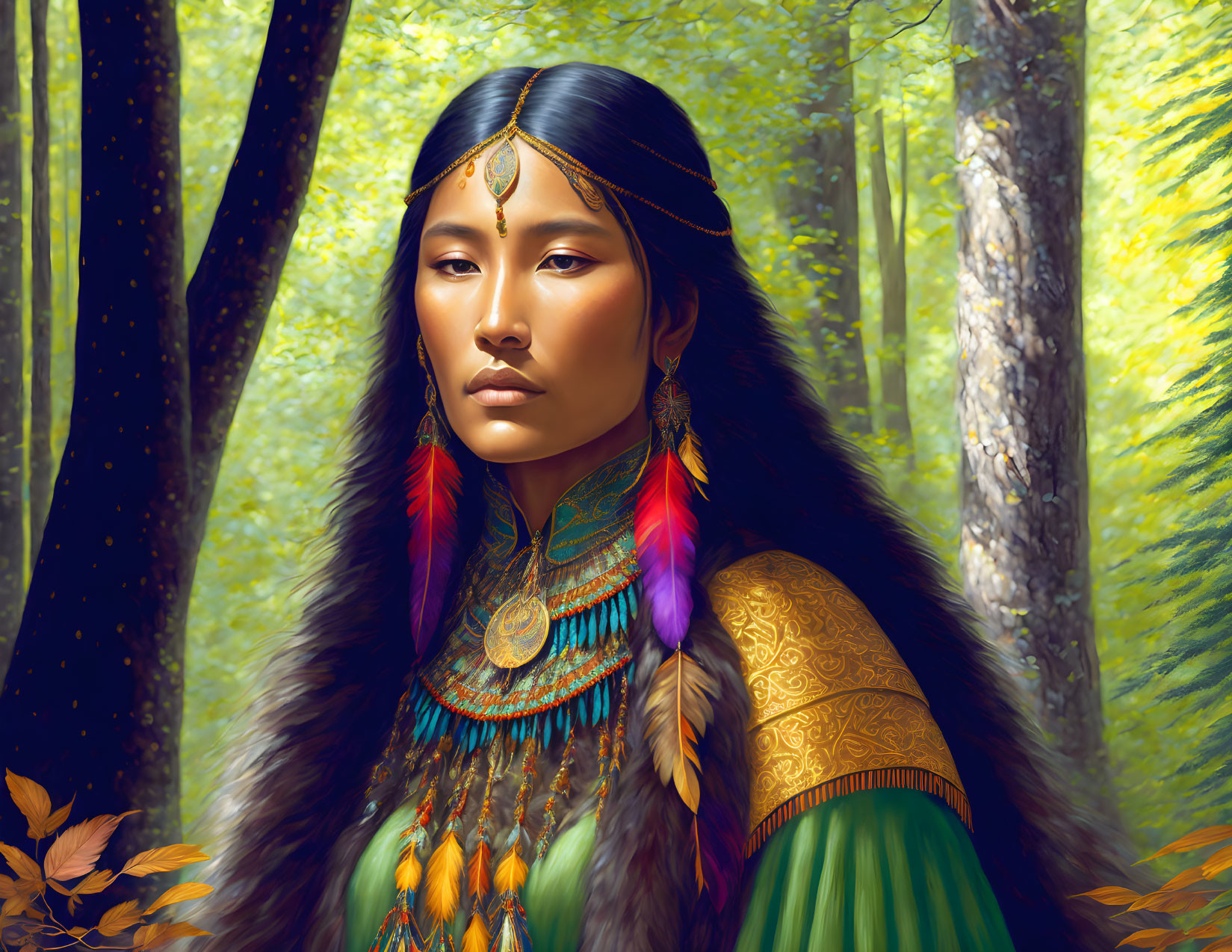 Digital art portrait of a woman in indigenous attire with vibrant feathers and beadwork against a forest backdrop