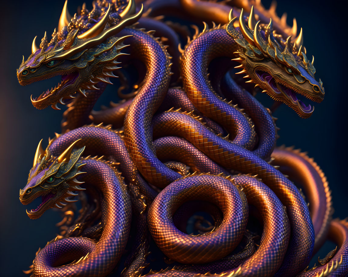 Multi-headed dragon with intricate scales on dark background