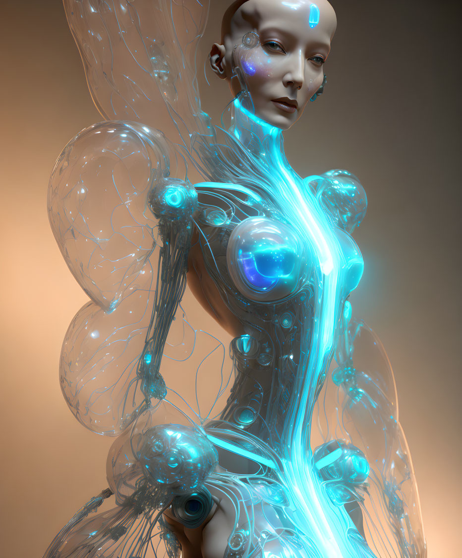 Futuristic humanoid robot with translucent structures and glowing blue circuits