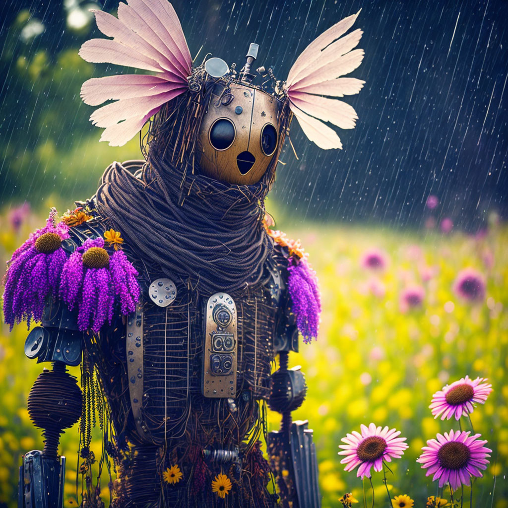 Colorful robot with flower and butterfly wings in daisy field rain scene