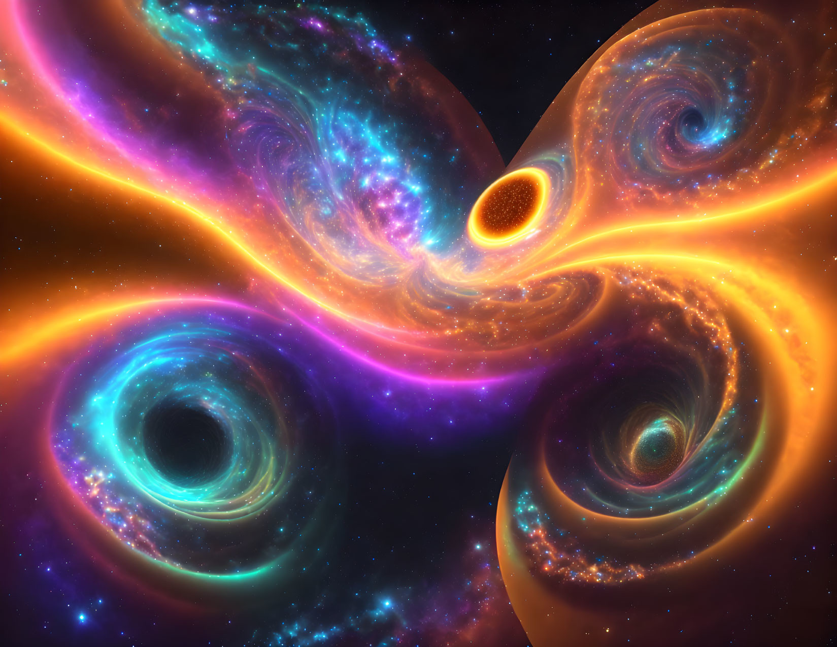 Colorful swirling fractal image: Blue, orange, purple cosmic patterns