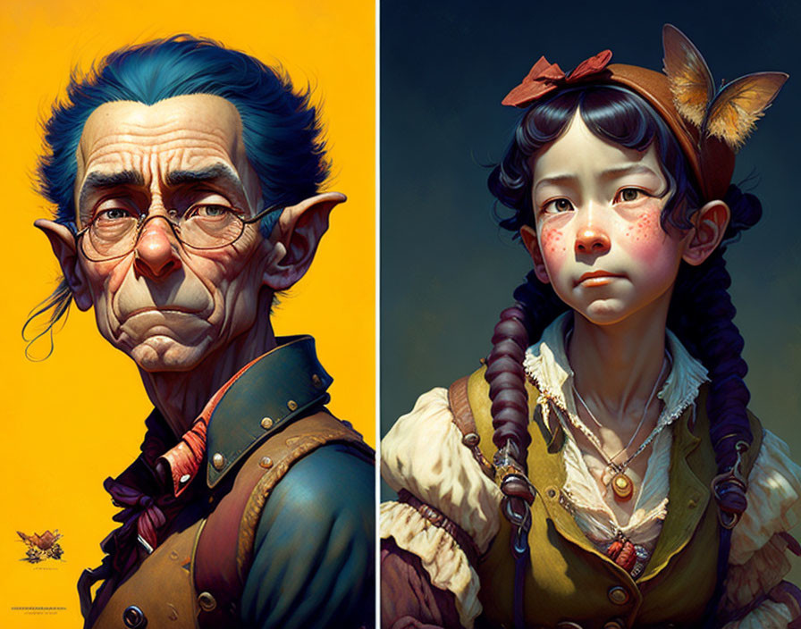 Stylized illustration of elderly man and young girl with pointed ears