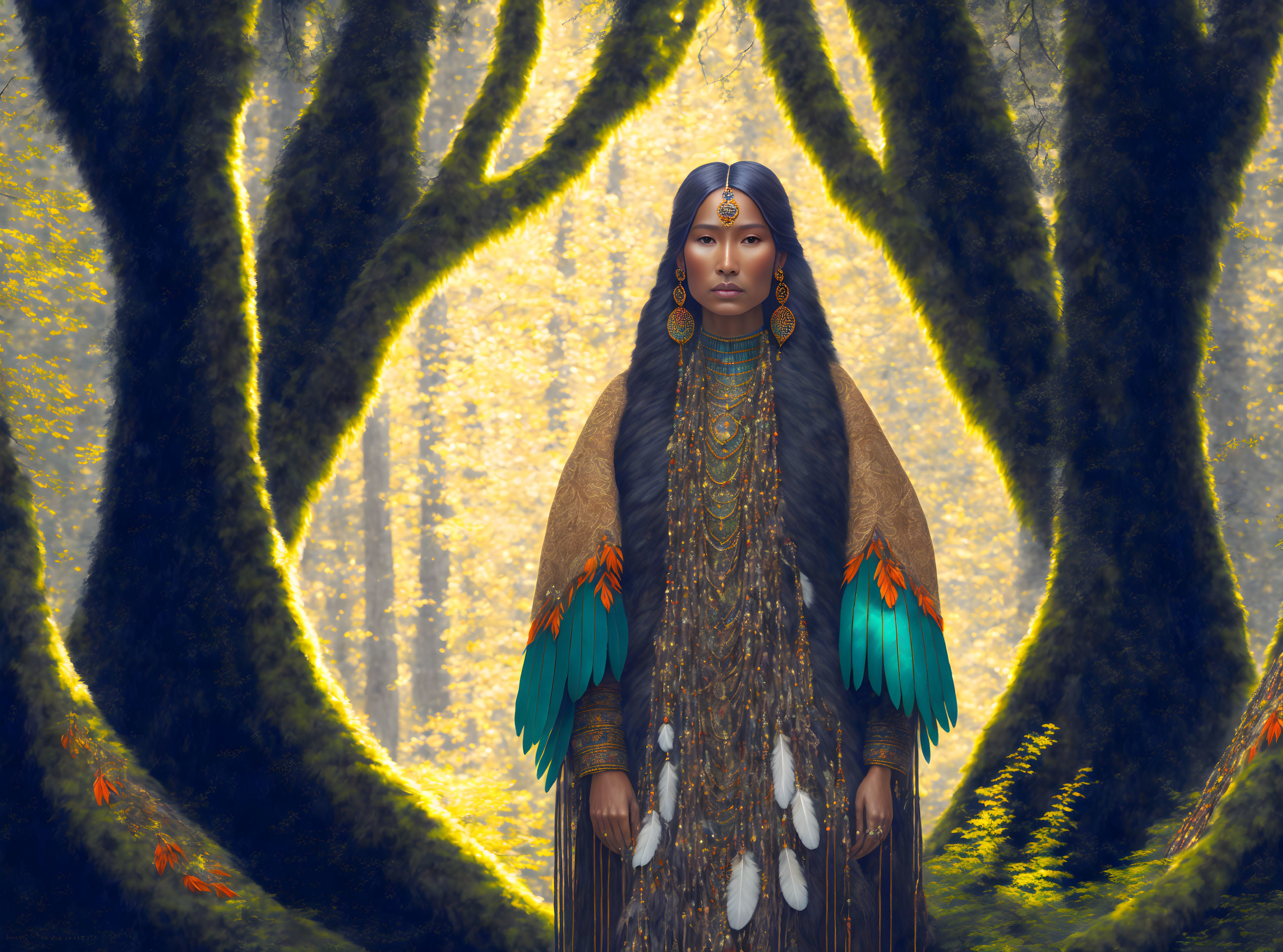 Woman in native attire surrounded by mystical forest and feather adornments