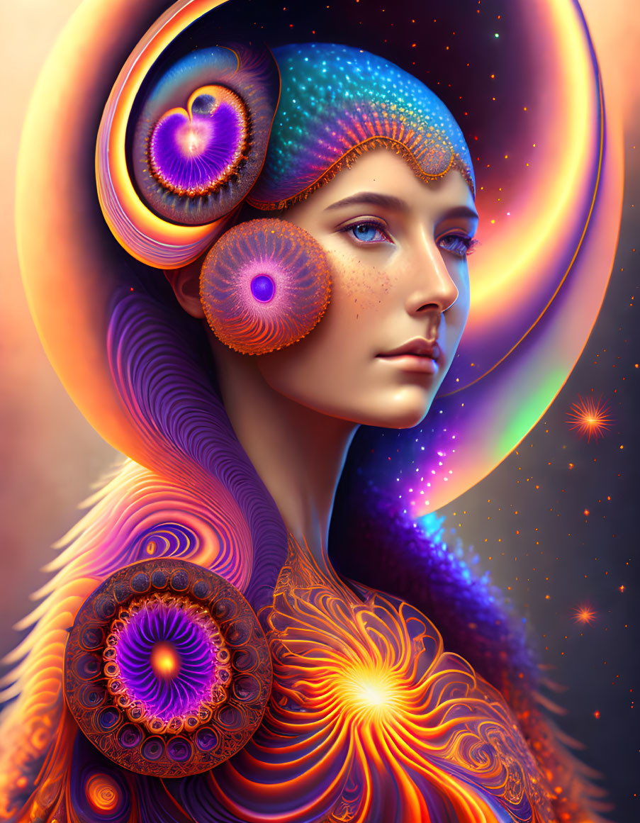 Vibrant cosmic patterns surround woman in surreal portrait