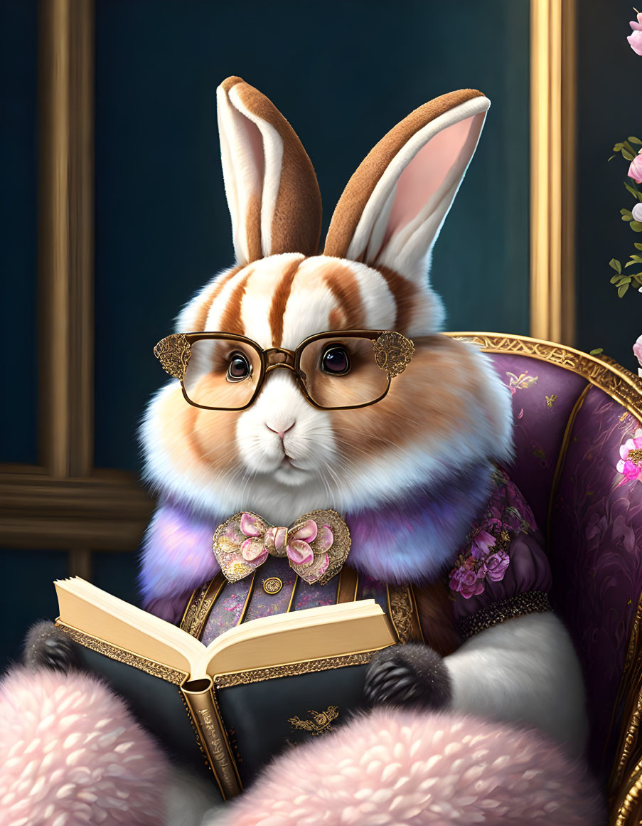 Anthropomorphic rabbit in glasses and bow tie reading on purple chair with classic painting and flowers.