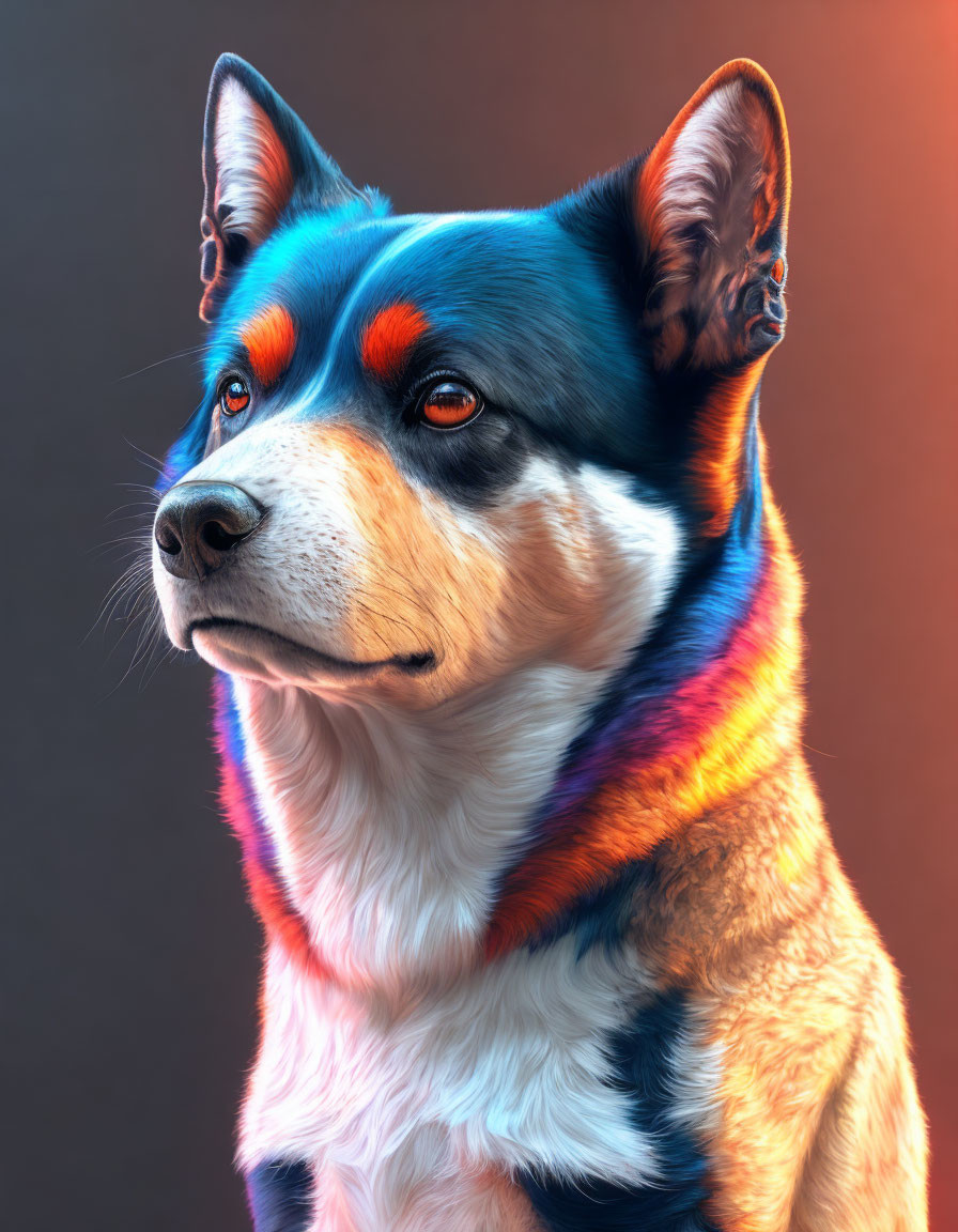 Colorful portrait of a dog with blue and orange hues and a pensive expression