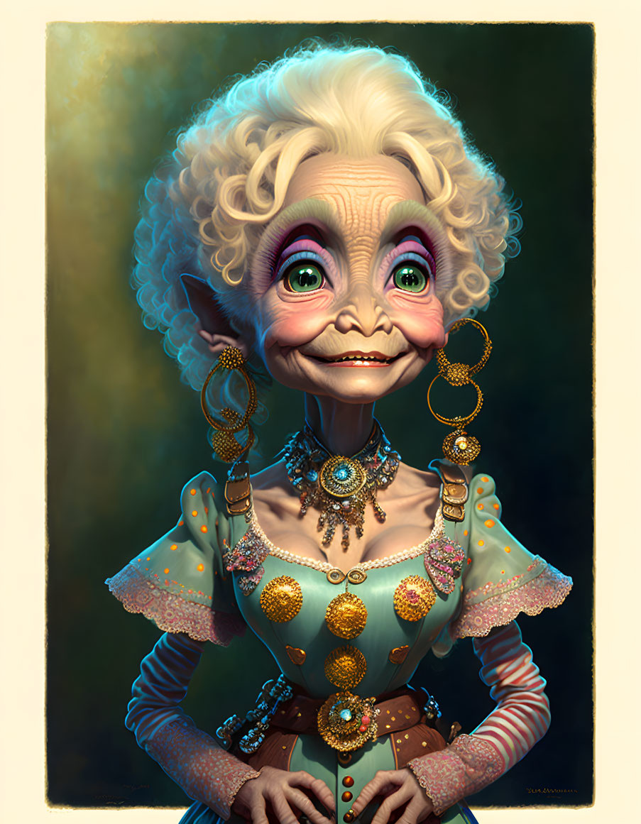 Elderly woman illustration with whimsical smile and vintage attire