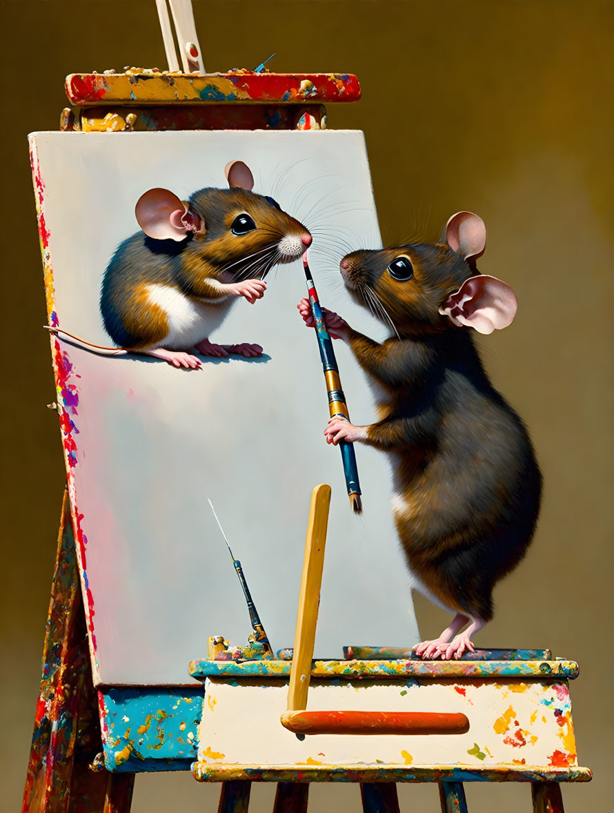 Cartoon mice painting on canvas with brush, easel, and palette.