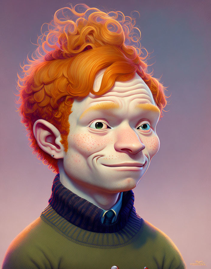 Exaggerated smile ginger character with freckles and turtleneck