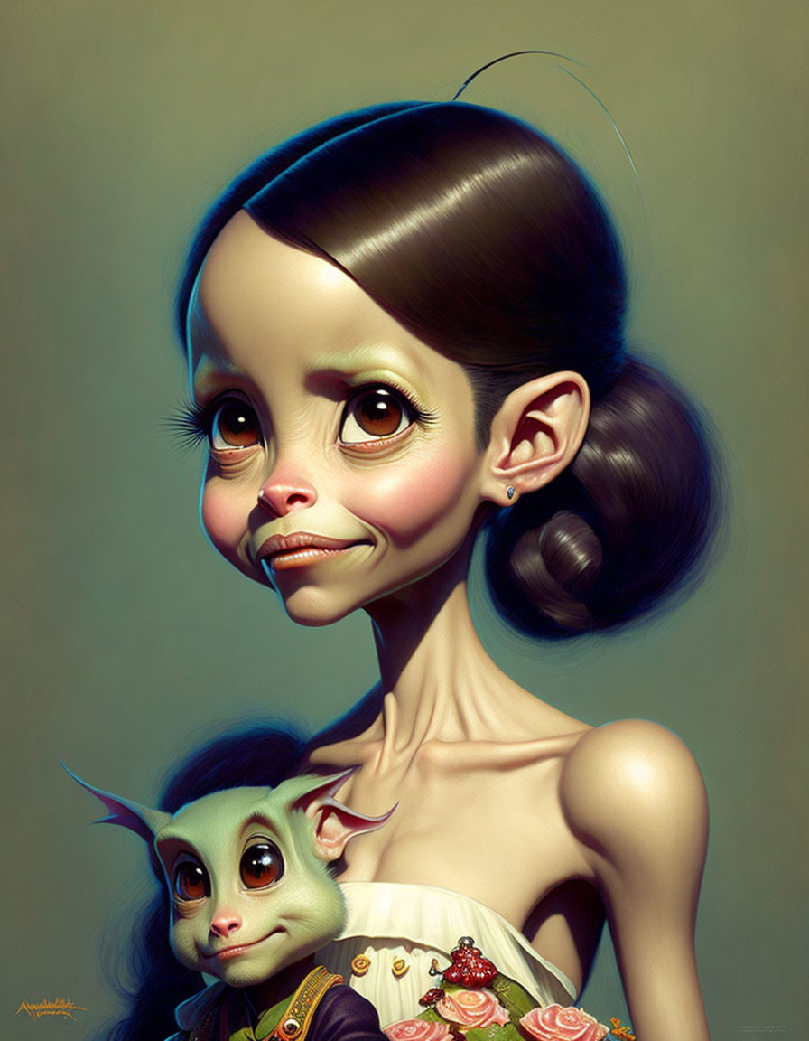 Digital Art: Girl with Large Eyes & Small Mouth beside Green Fantastical Creature