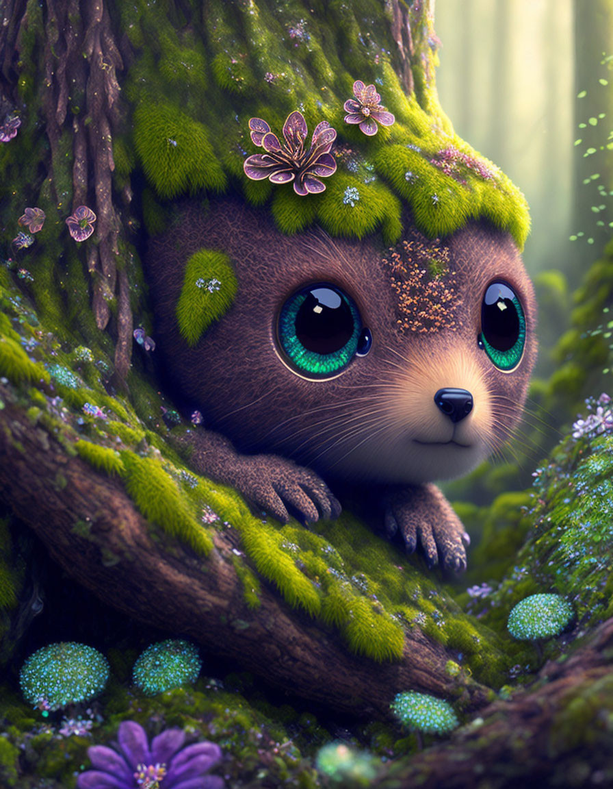 Illustration of cute creature with sparkling eyes in magical forest