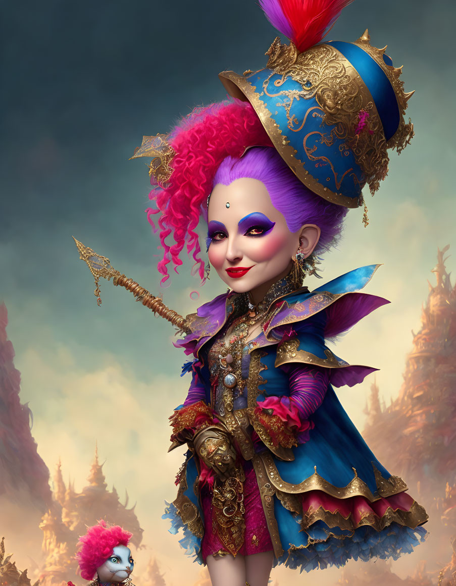 Colorful character with purple skin, pink hair, blue hat, and ornate red and gold attire