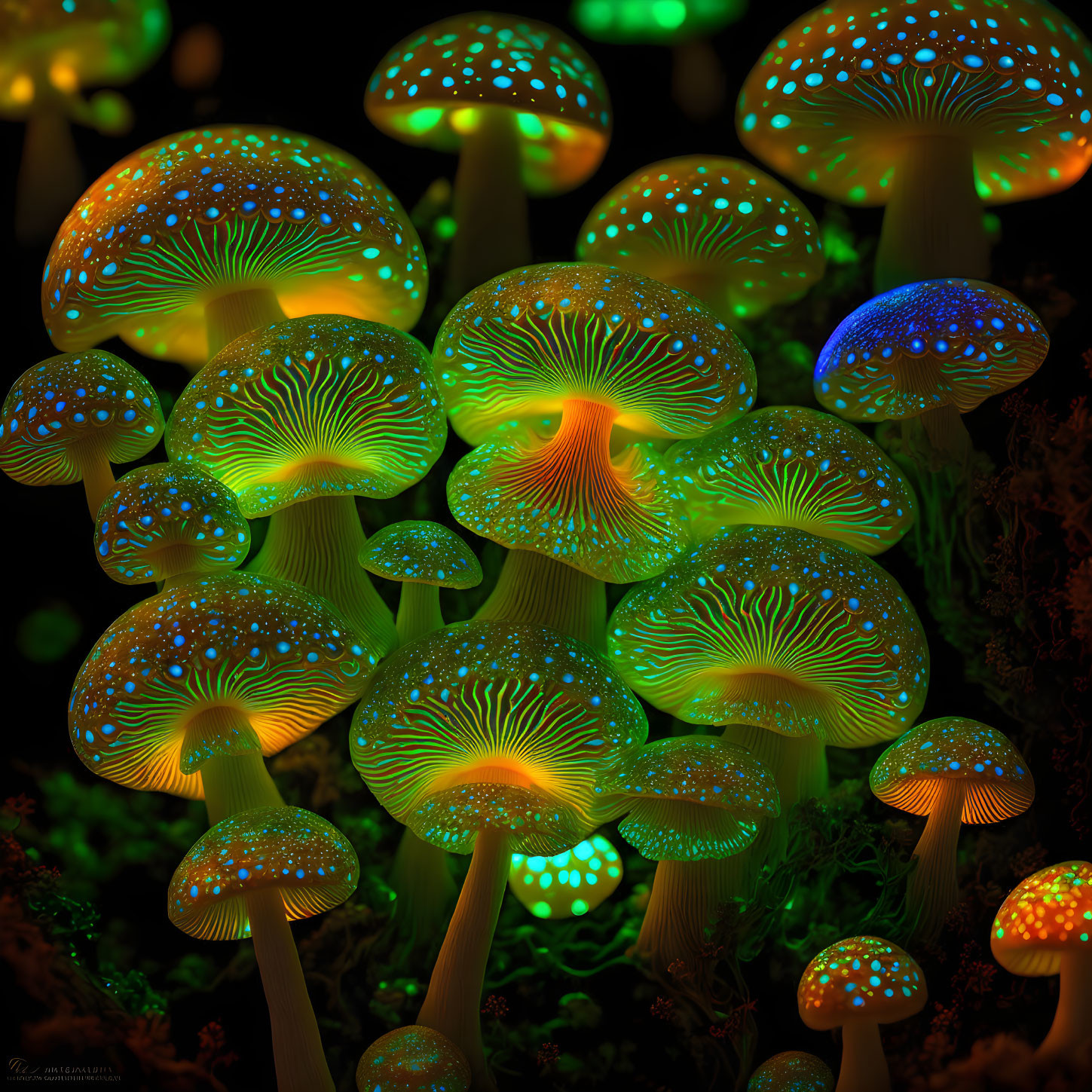 Vibrant digital art: Neon mushrooms in blue and green hues