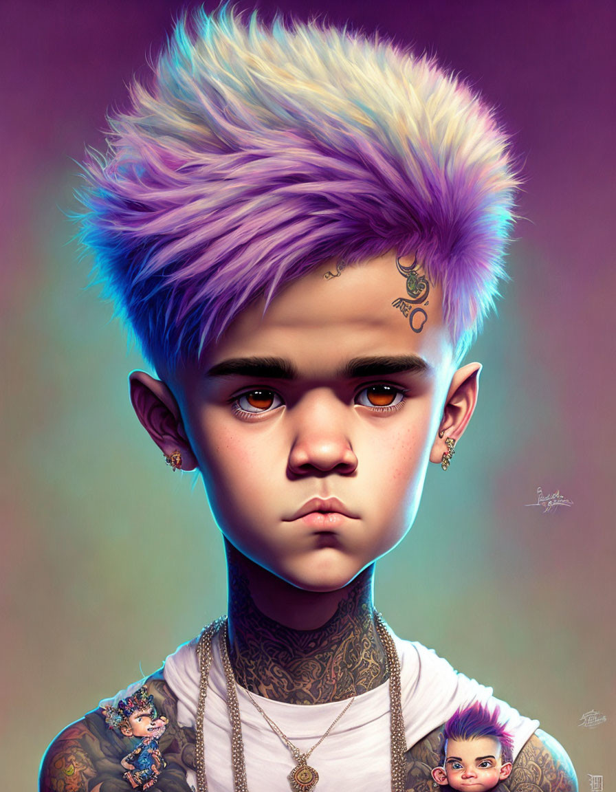 Stylized portrait of young person with purple hair, tattoos, piercings, and pensive