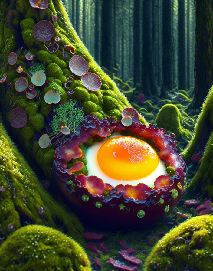 Fantastical forest scene with mushrooms and fried egg in mossy landscape