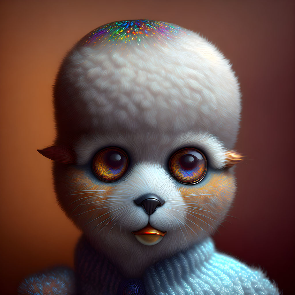 Whimsical creature digital artwork with fluffy white head and multicolored patch