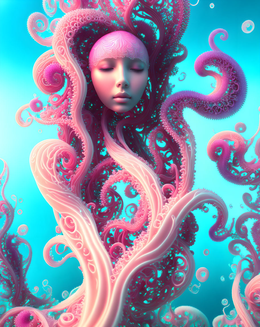 Surreal feminine figure with pink tentacle hair on turquoise background surrounded by bubbles