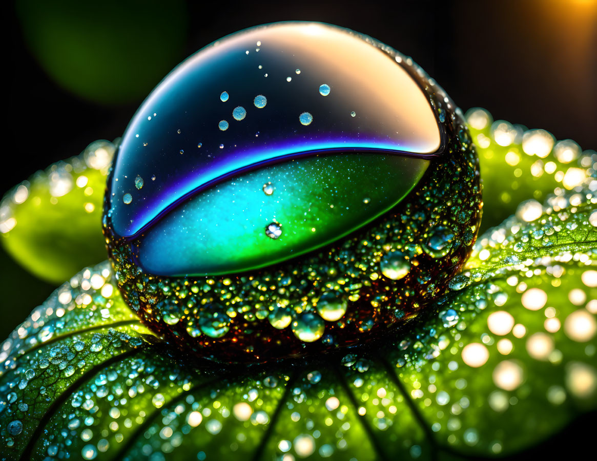 Colorful Macro Image: Dew-Covered Leaf with Iridescent Droplet