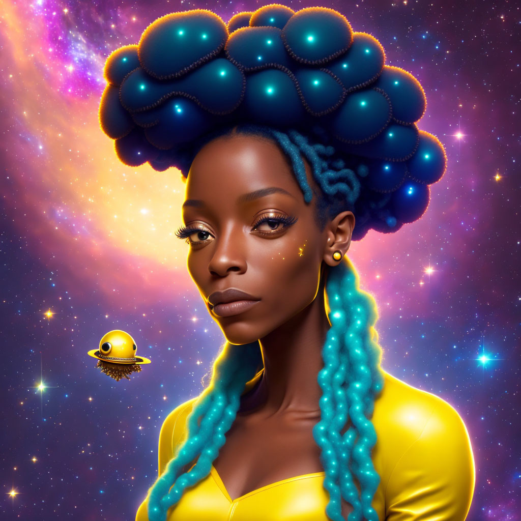 Digital artwork: Woman with cloud-like blue hair in cosmic setting with yellow robot