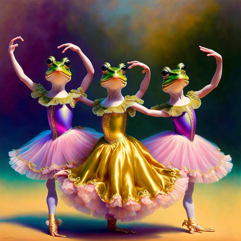 Colorful Whimsical Frogs in Ballet Dance