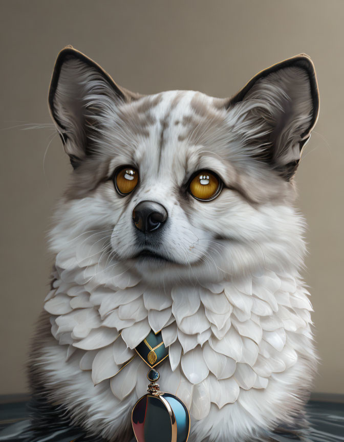 Anthropomorphic fox digital illustration with yellow eyes and white feathered cloak.