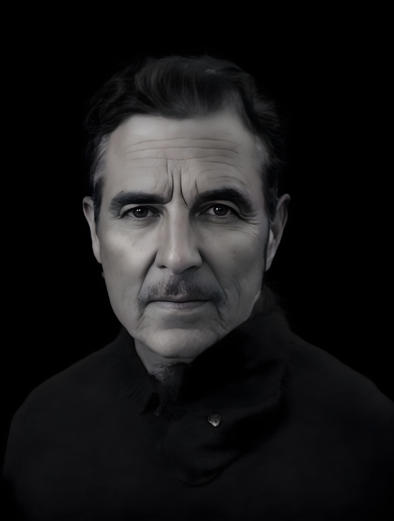 Intense dark-haired man portrait with prominent eyebrows in dark attire